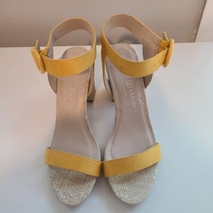 Yellow and tan basket weavr heels